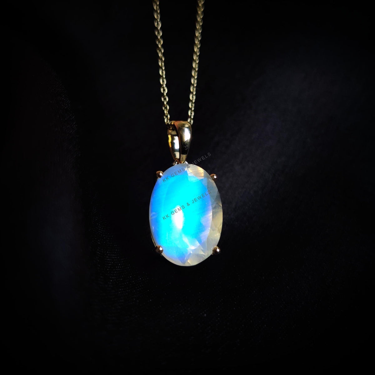 14K Solid Gold Natural Rainbow Moonstone Pendant: June Birthstone Jewelry