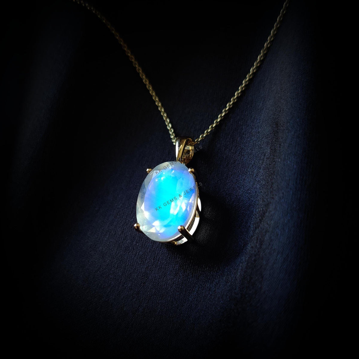 14K Solid Gold Natural Rainbow Moonstone Pendant: June Birthstone Jewelry