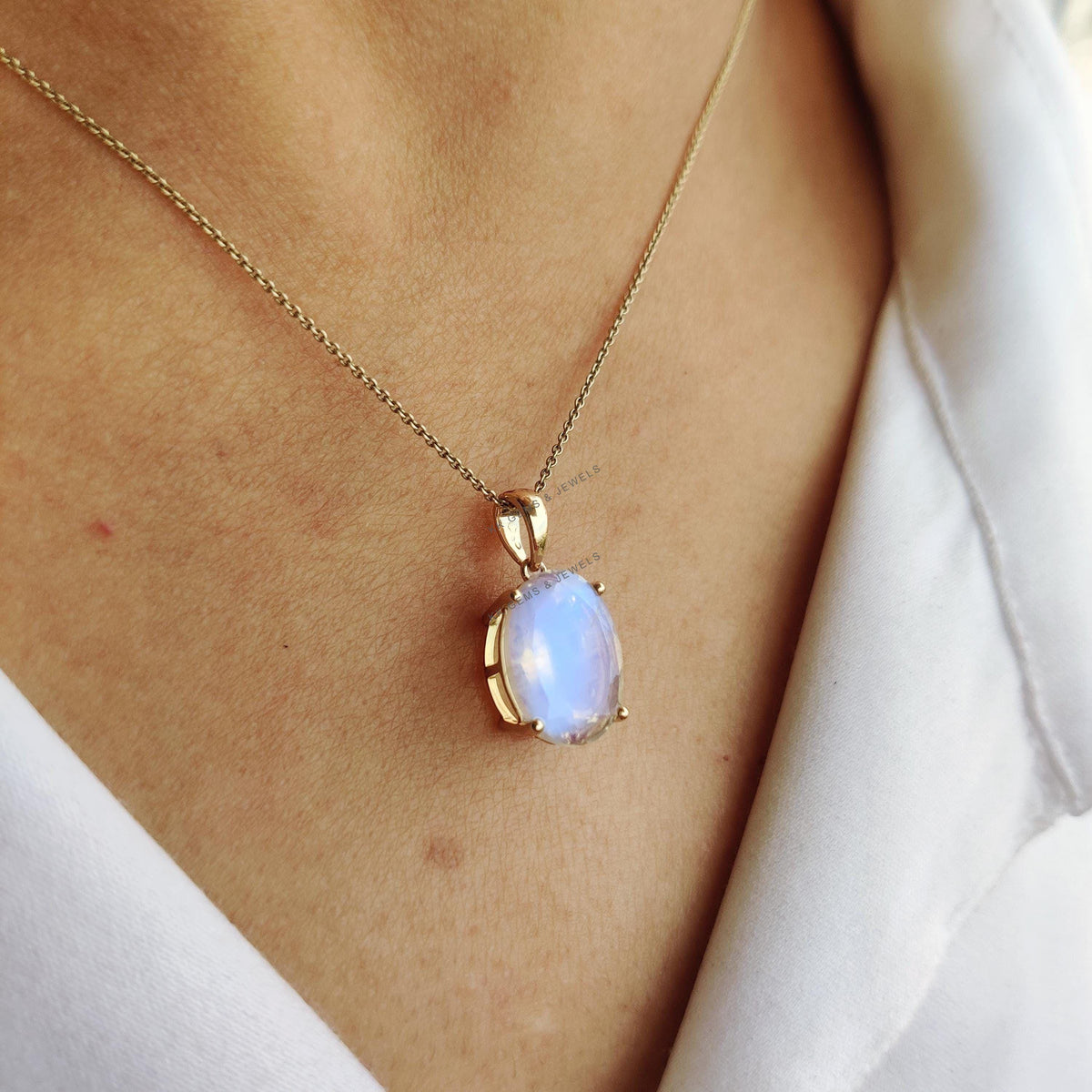 14K Solid Gold Natural Rainbow Moonstone Pendant: June Birthstone Jewelry