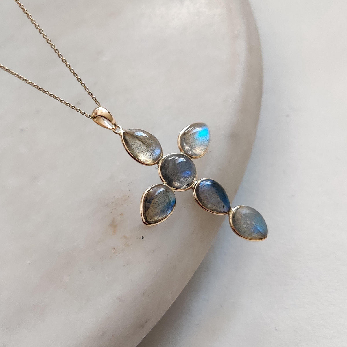 14K Solid Yellow Gold Natural Labradorite Cross Pendant, August Birthstone, Christmas Present