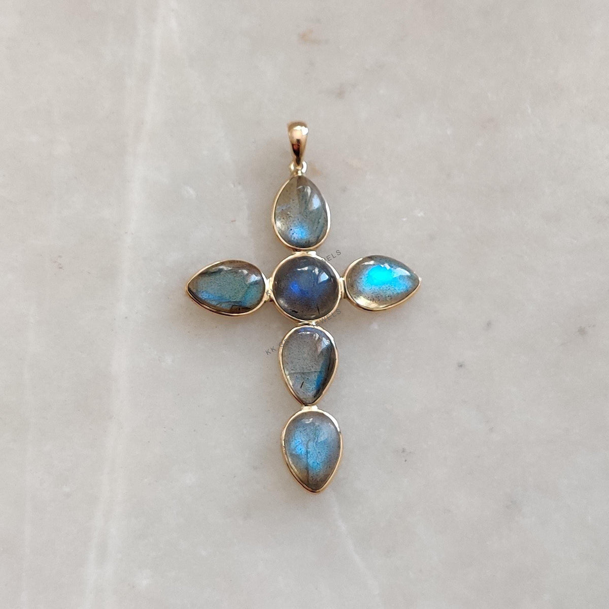 14K Solid Yellow Gold Natural Labradorite Cross Pendant, August Birthstone, Christmas Present