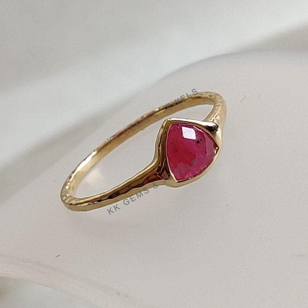 14K Solid Yellow Gold Natural Ruby Ring, Trillion Bezel, July Birthstone