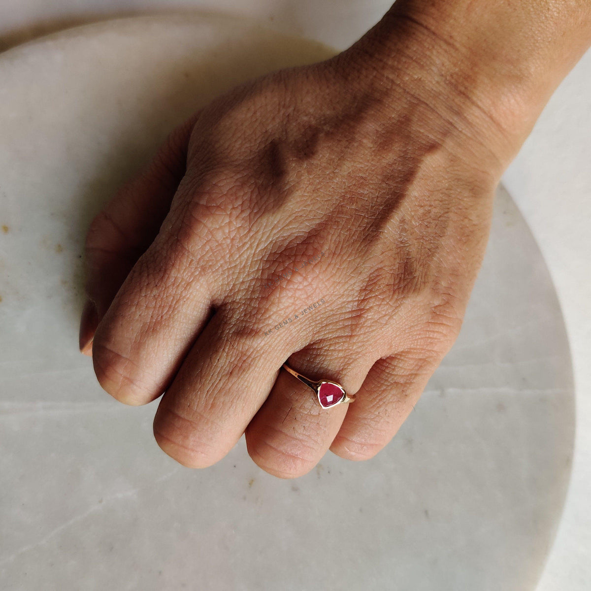 14K Solid Yellow Gold Natural Ruby Ring, Trillion Bezel, July Birthstone