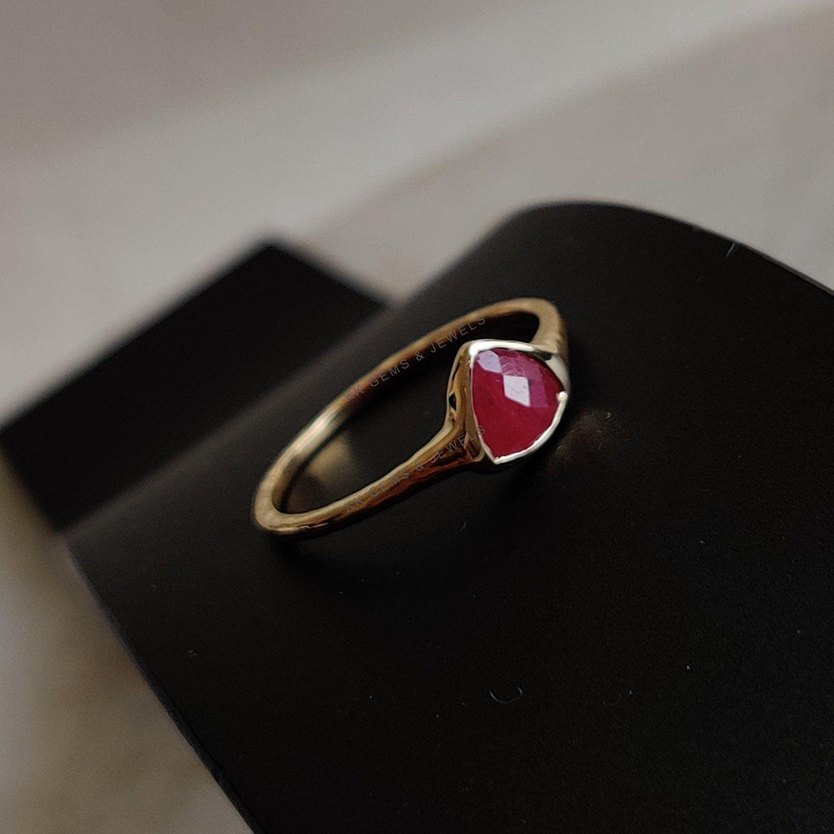 14K Solid Yellow Gold Natural Ruby Ring, Trillion Bezel, July Birthstone