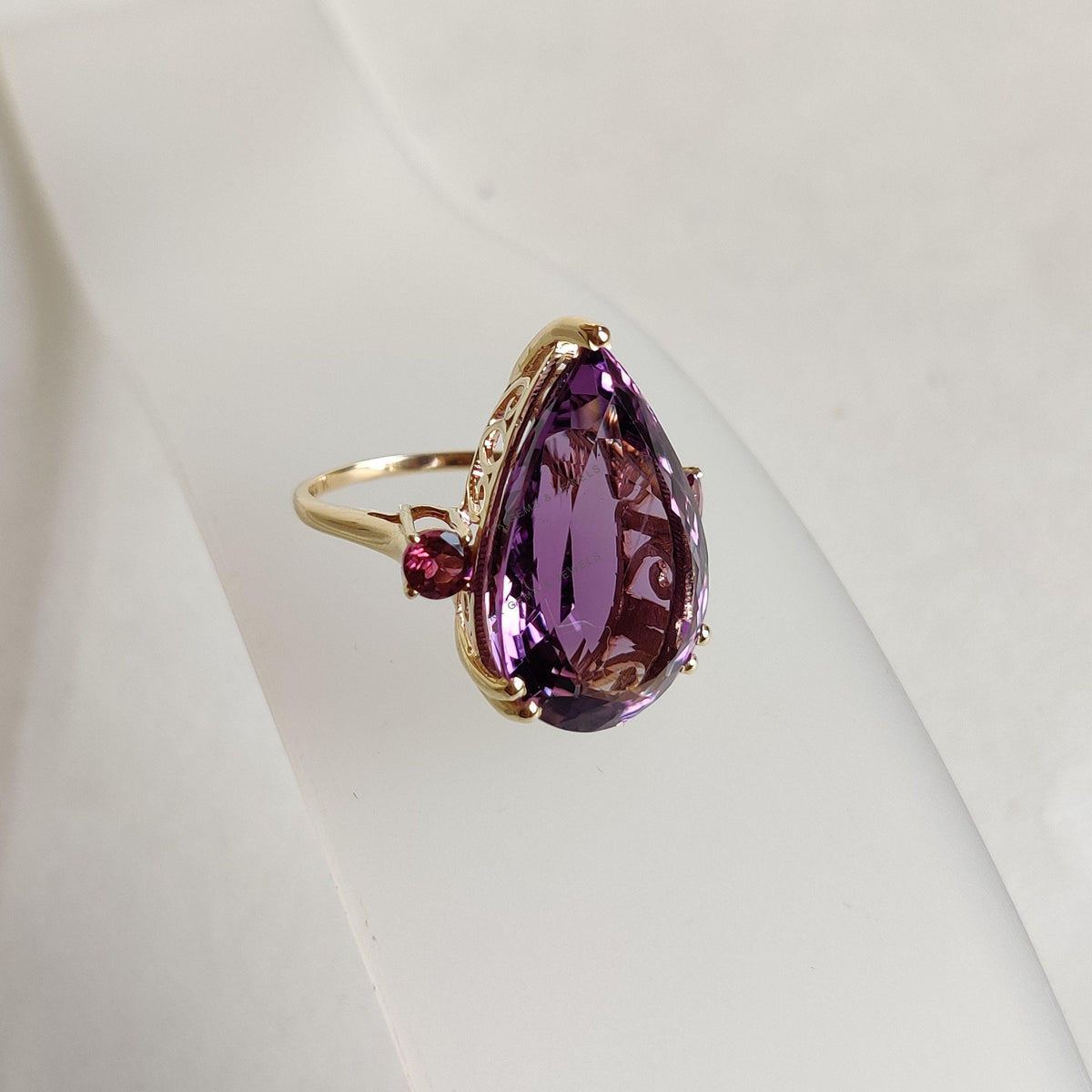 14K Solid Gold Pear Natural Purple Amethyst & Pink Tourmaline Ring, February Birthstone, Christmas Gift