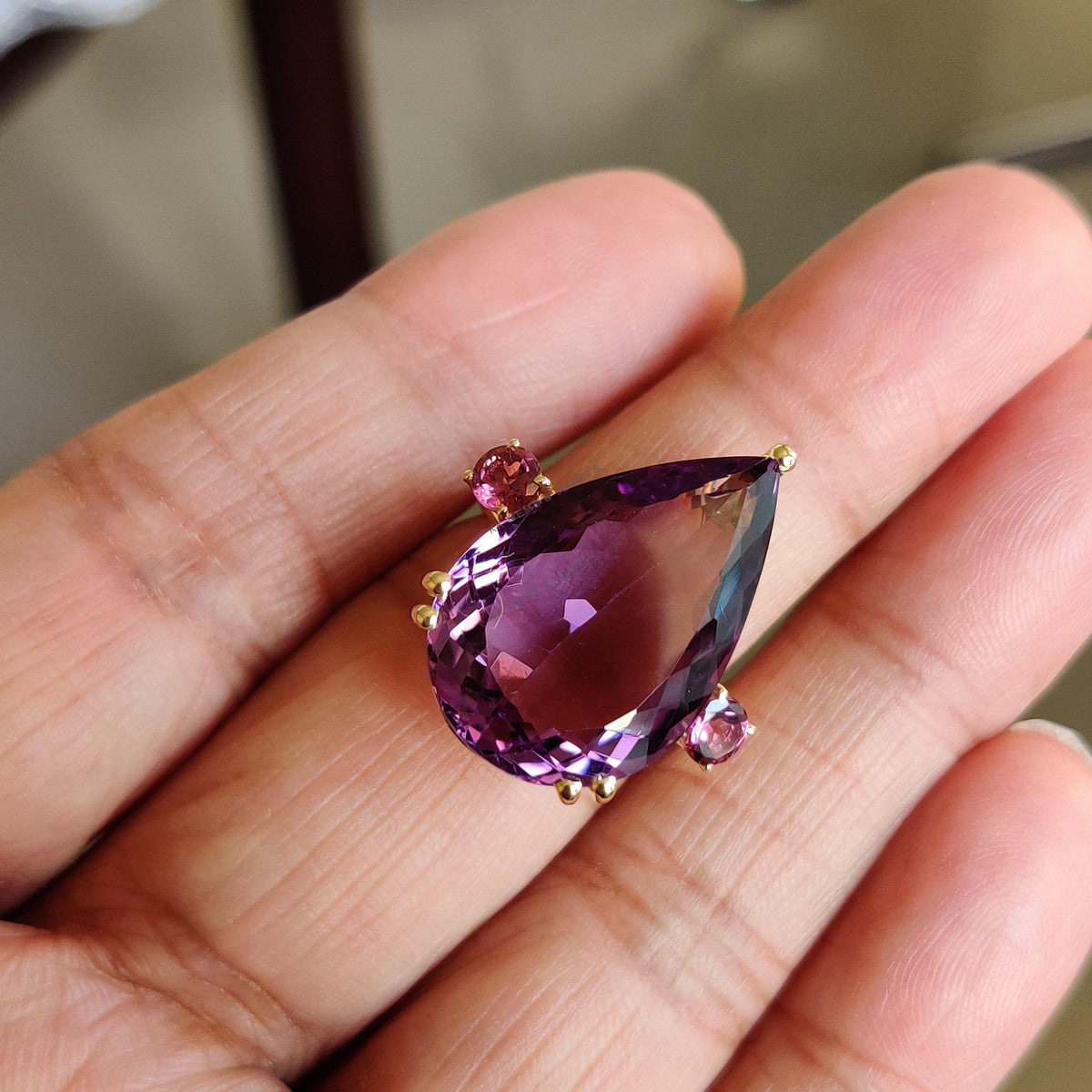 14K Solid Gold Pear Natural Purple Amethyst & Pink Tourmaline Ring, February Birthstone, Christmas Gift