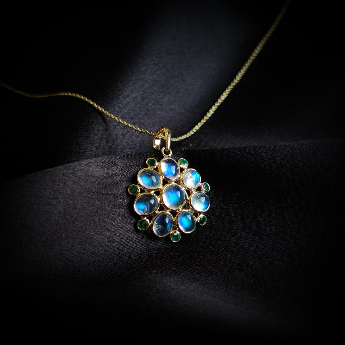 Natural Rainbow Moonstone & Emerald Pendant: 14K Solid Yellow Gold, June May Birthstone