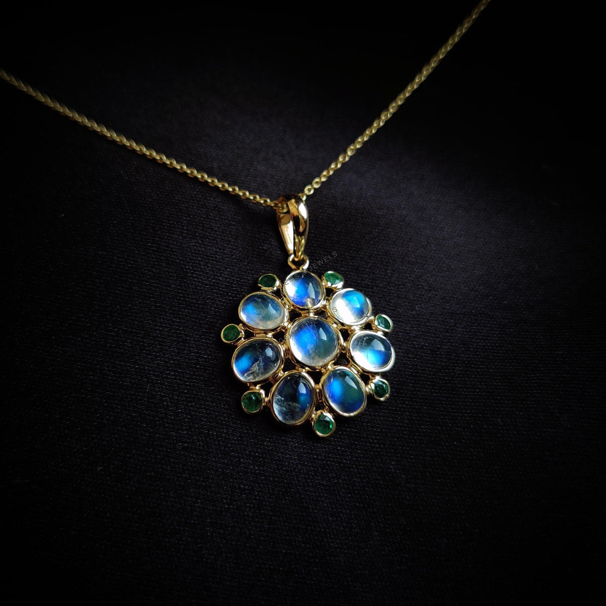 Natural Rainbow Moonstone & Emerald Pendant: 14K Solid Yellow Gold, June May Birthstone