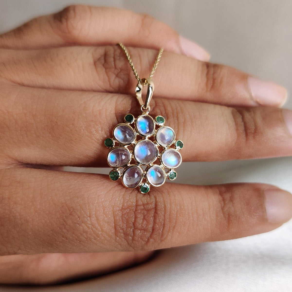 Natural Rainbow Moonstone & Emerald Pendant: 14K Solid Yellow Gold, June May Birthstone