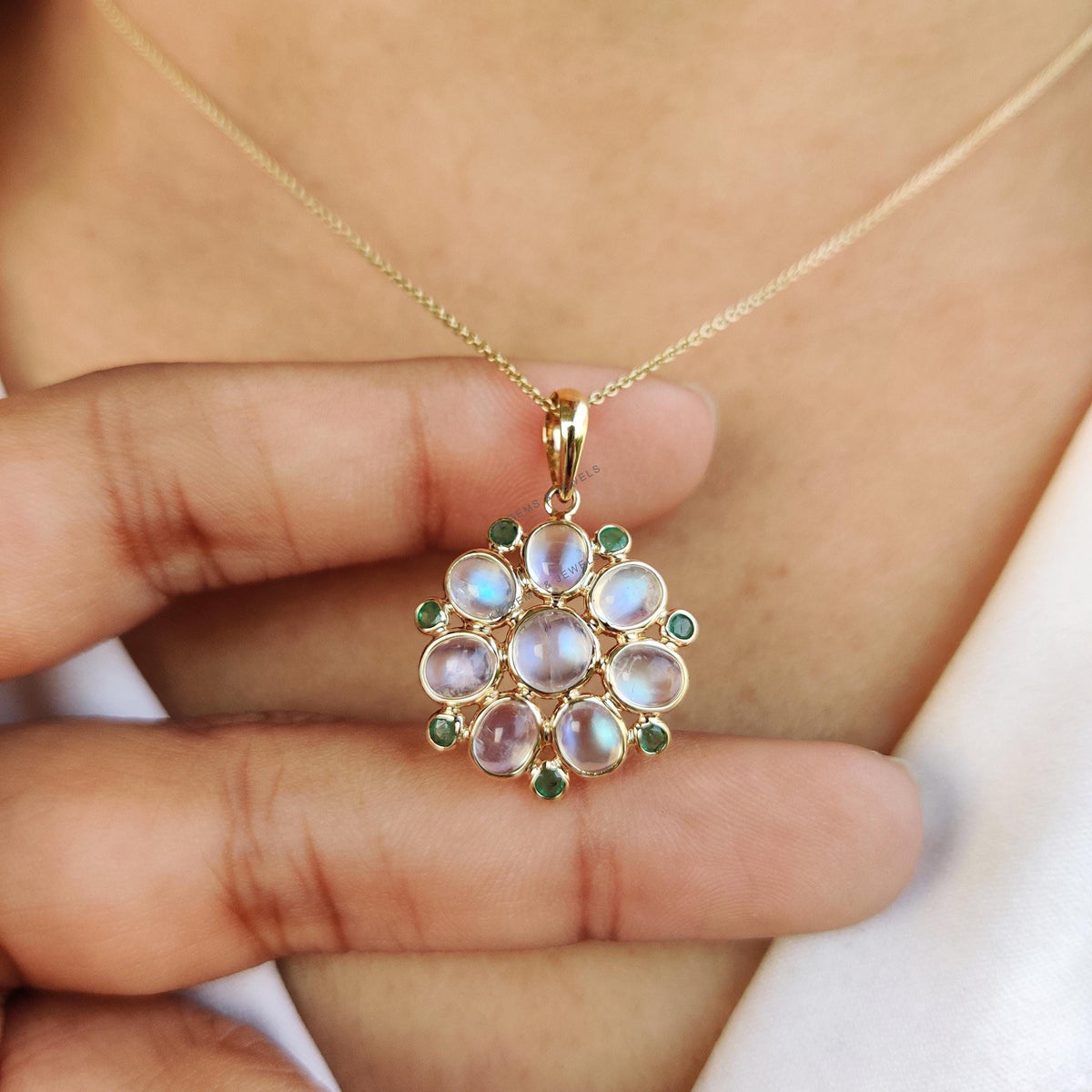 Natural Rainbow Moonstone & Emerald Pendant: 14K Solid Yellow Gold, June May Birthstone