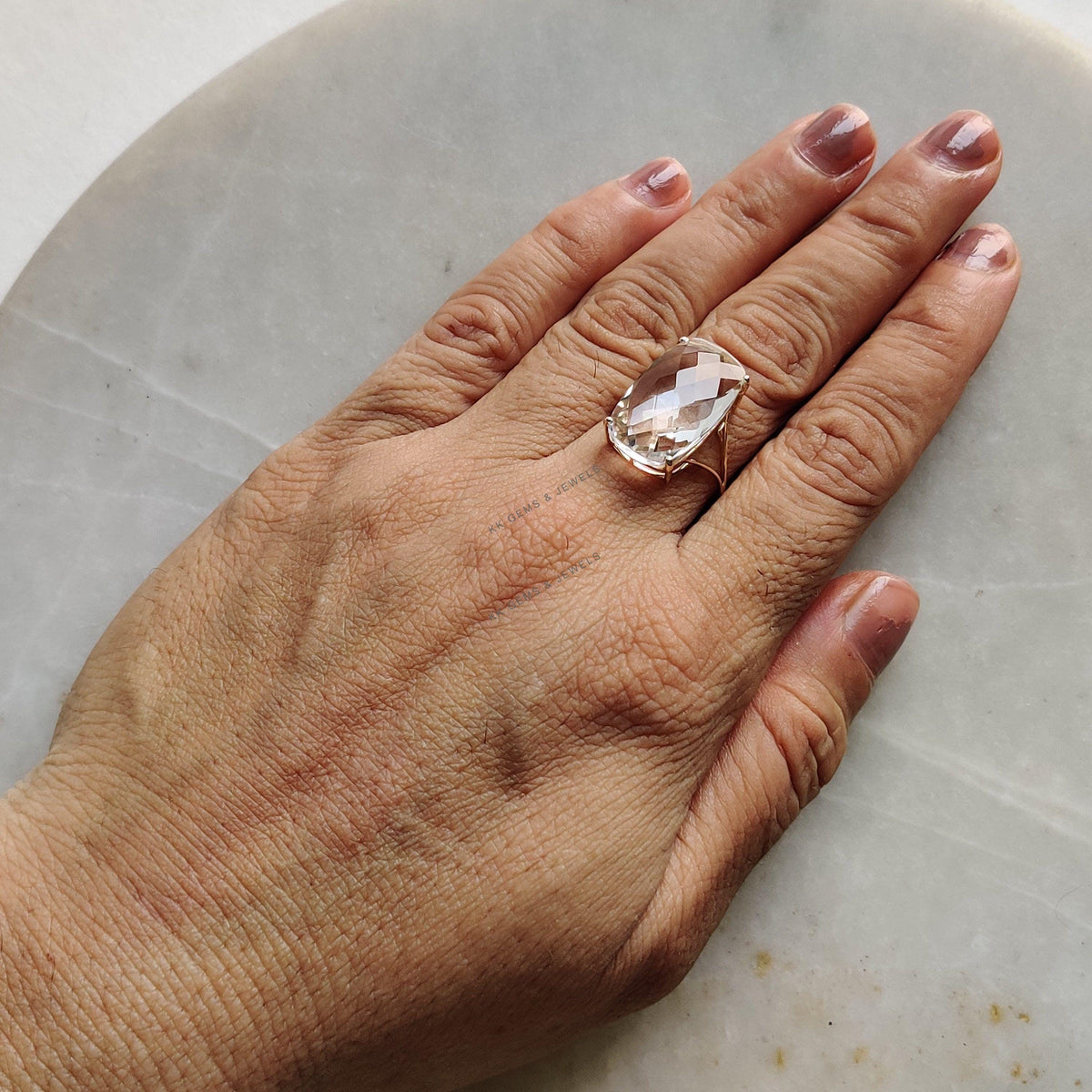 14K Solid Gold Natural Clear Quartz Ring, April Birthstone Jewelry