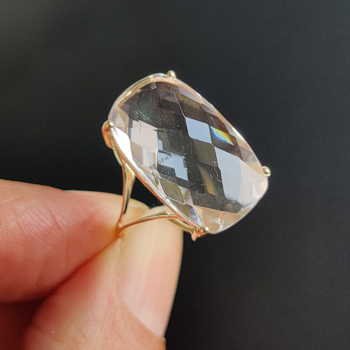 14K Solid Gold Natural Clear Quartz Ring, April Birthstone Jewelry