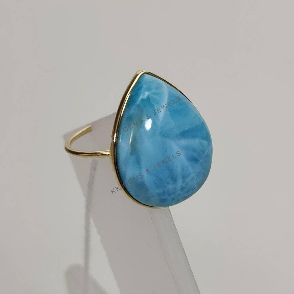 Natural Larimar Ring, 14K Solid Yellow Gold Bezel Ring, Pear Cabochon