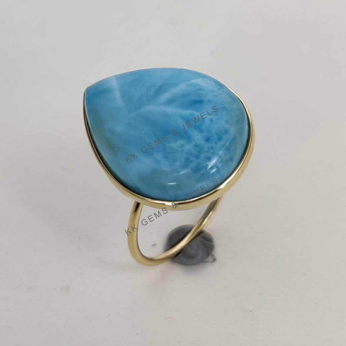 Natural Larimar Ring, 14K Solid Yellow Gold Bezel Ring, Pear Cabochon