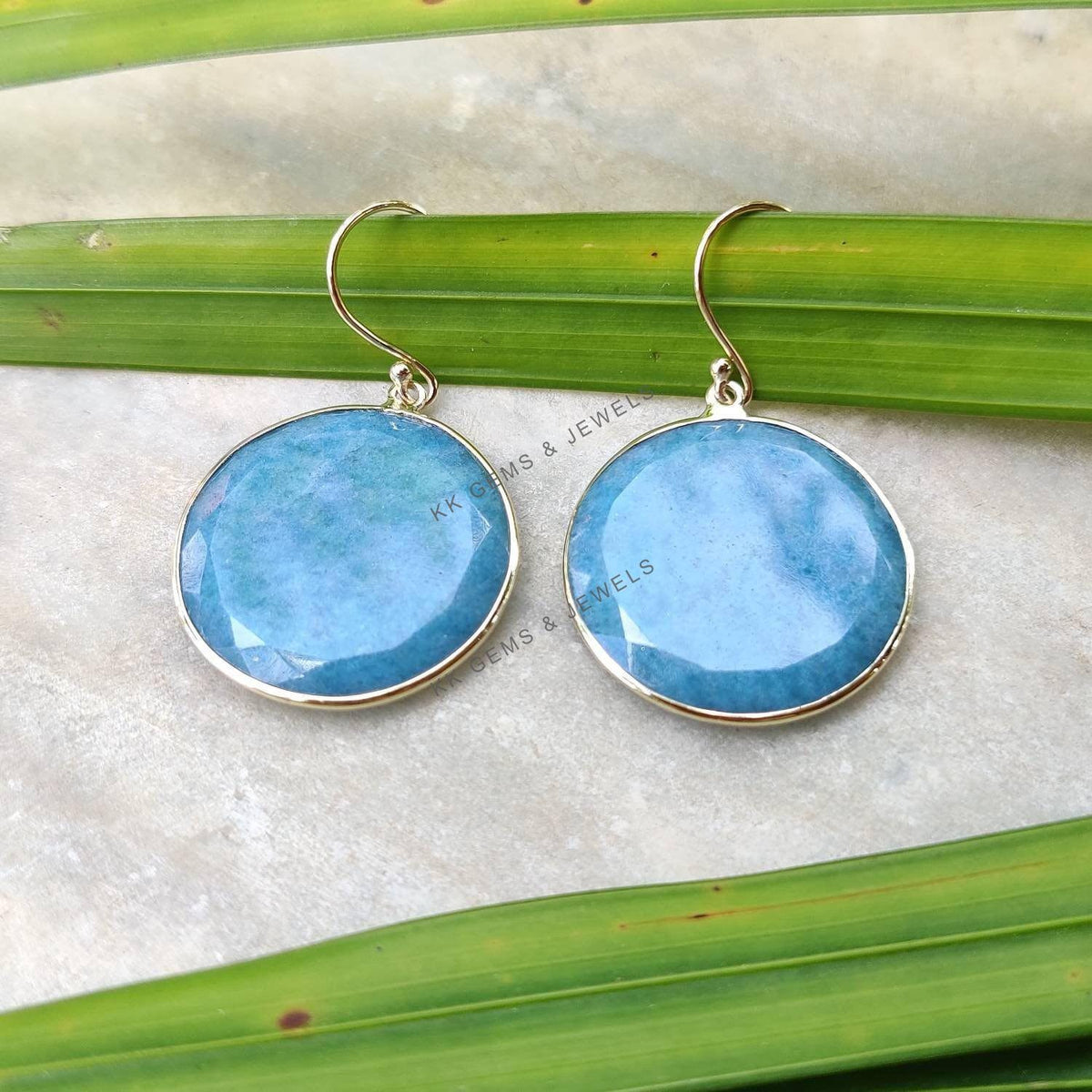 Natural Aqua Aura Quartz Earrings, 14K Solid Yellow Gold Danglers, April Birthstone