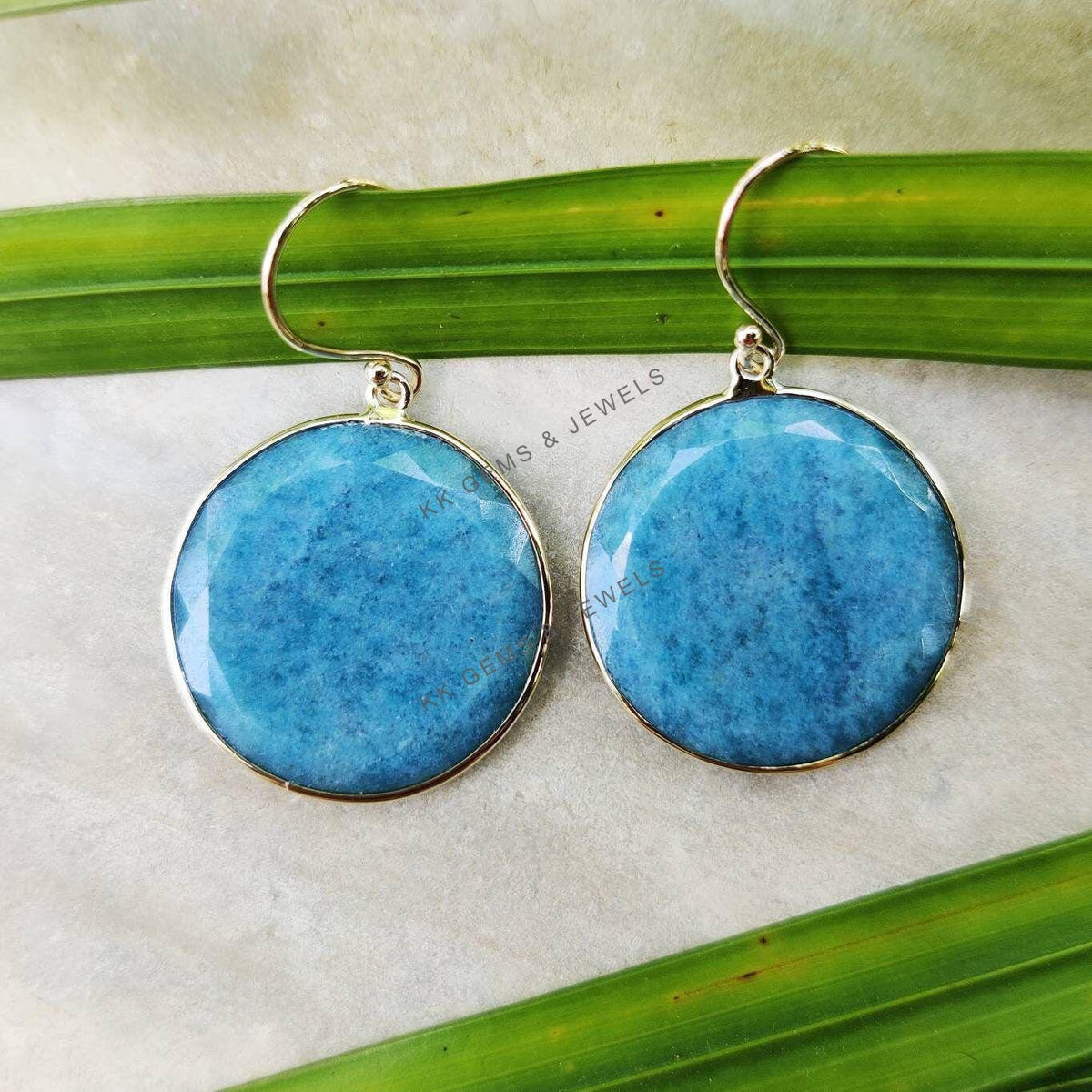 Natural Aqua Aura Quartz Earrings, 14K Solid Yellow Gold Danglers, April Birthstone