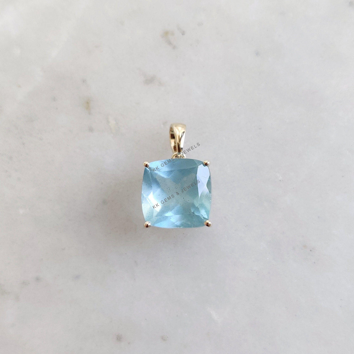 14K Solid Yellow Gold Natural Aquamarine Pendant, March Birthstone Jewelry