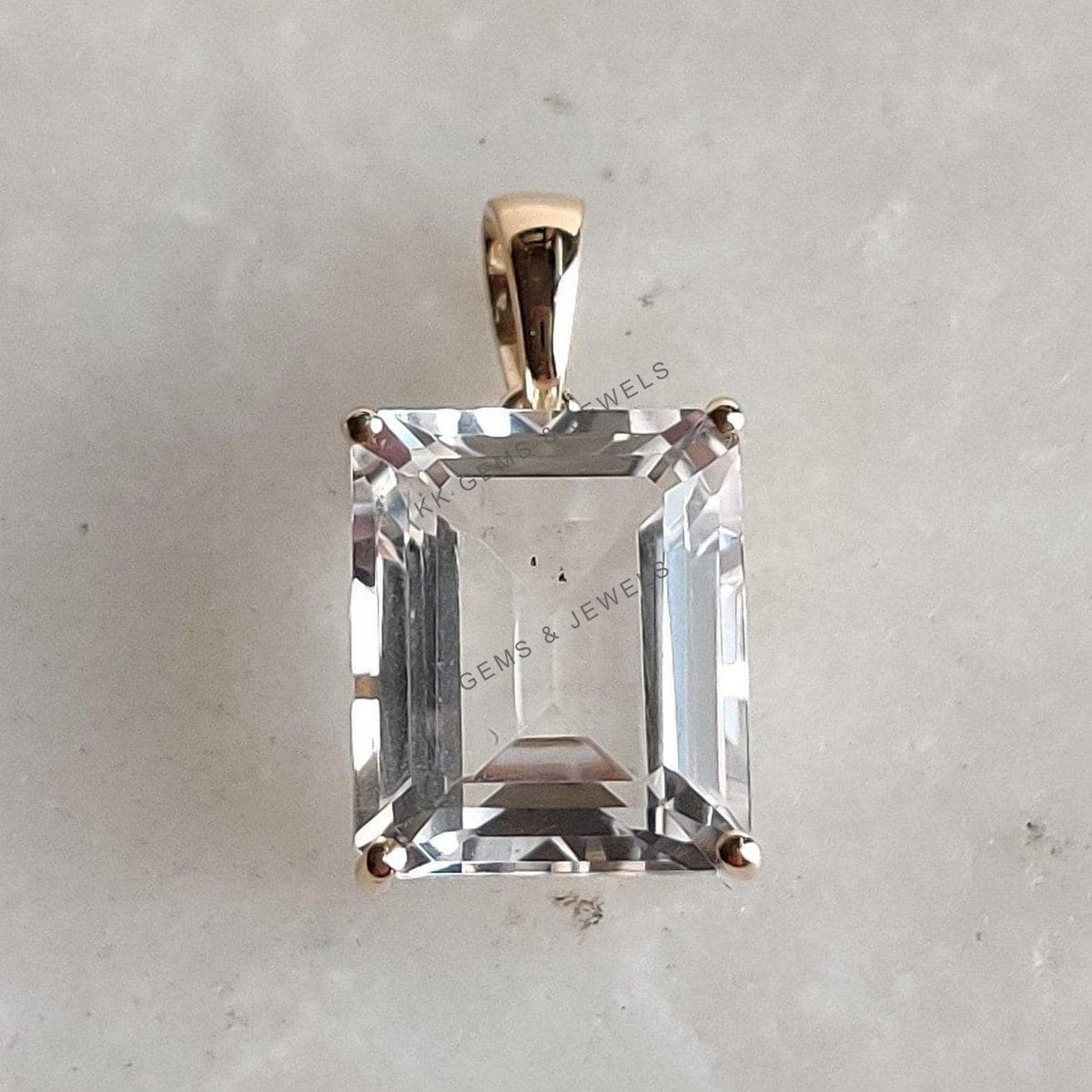 Natural White Topaz Pendant, 14K Solid Yellow Gold, November Birthstone