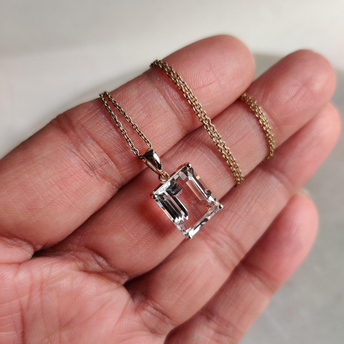 Natural White Topaz Pendant, 14K Solid Yellow Gold, November Birthstone
