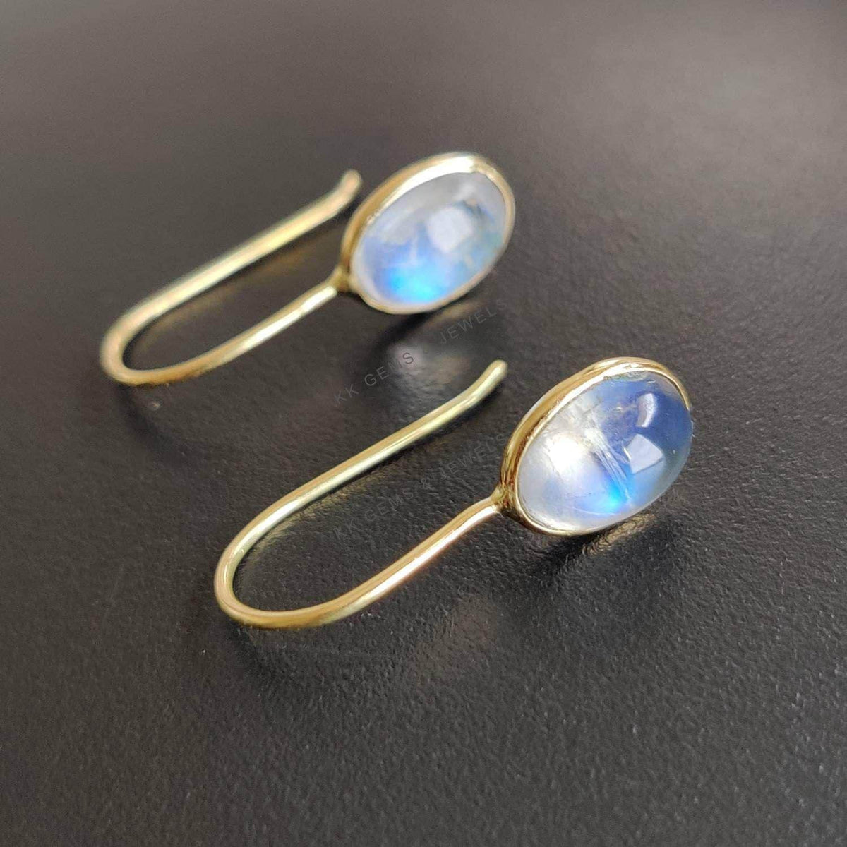 Natural Rainbow Moonstone Earrings, 14K Solid Yellow Gold Bezel Set, June Birthstone