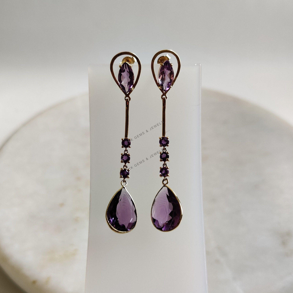14K Solid Yellow Gold Natural Purple Amethyst Drop Earrings, February Birthstone