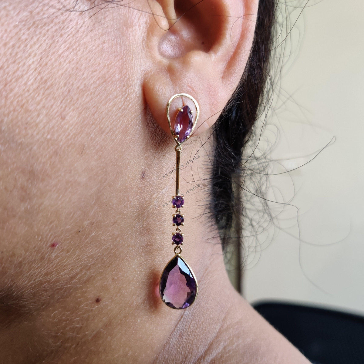14K Solid Yellow Gold Natural Purple Amethyst Drop Earrings, February Birthstone
