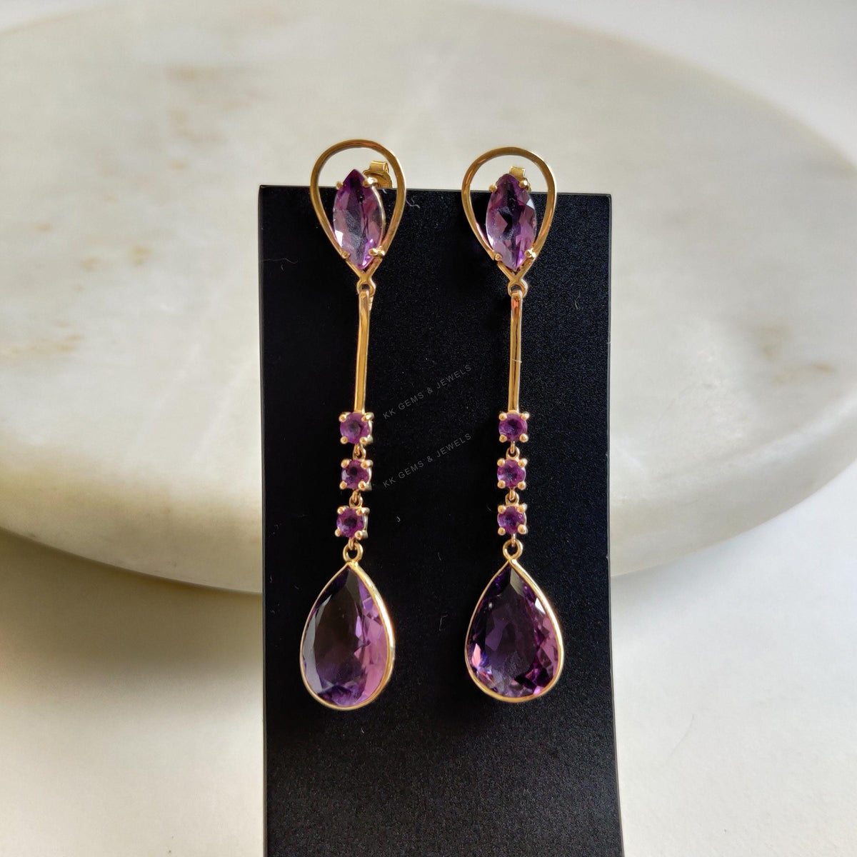 14K Solid Yellow Gold Natural Purple Amethyst Drop Earrings, February Birthstone