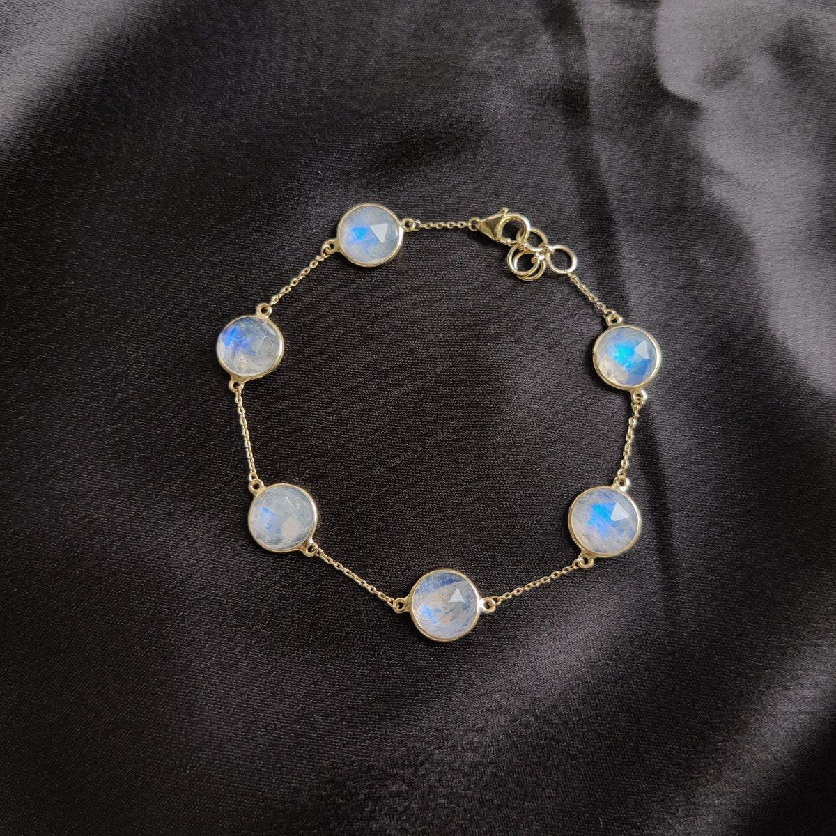 14K Solid Gold Natural Rainbow Moonstone Bracelet, Dainty Gemstone Chain