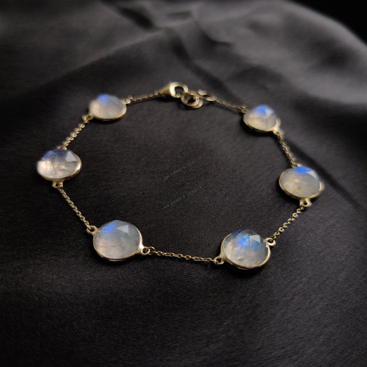 14K Solid Gold Natural Rainbow Moonstone Bracelet, Dainty Gemstone Chain