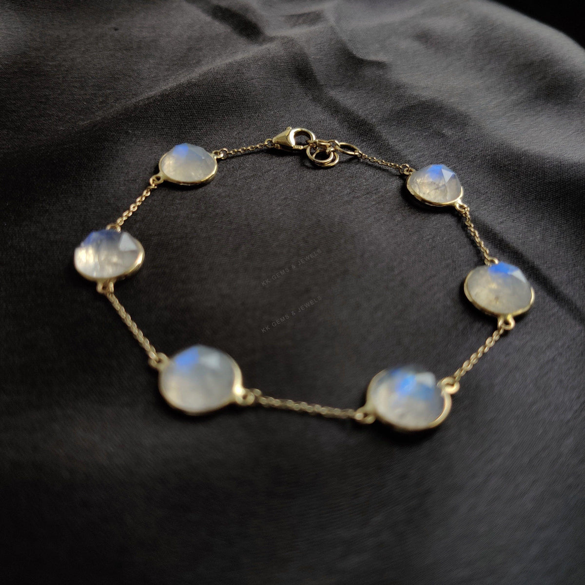 14K Solid Gold Natural Rainbow Moonstone Bracelet, Dainty Gemstone Chain