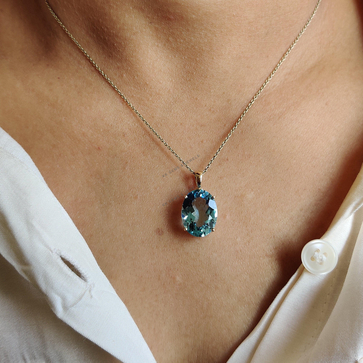 14K Solid Gold Natural Sky Blue Topaz Pendant, December Birthstone