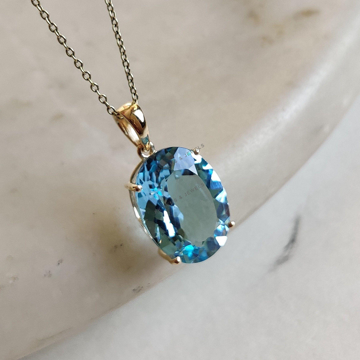 14K Solid Gold Natural Sky Blue Topaz Pendant, December Birthstone