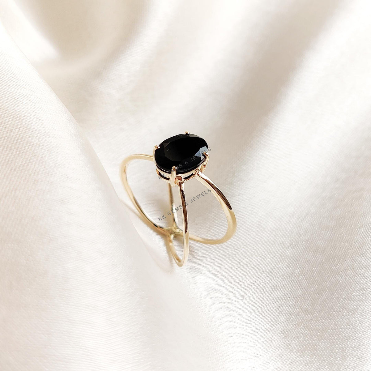 14K Solid Gold Natural Black Onyx Ring: Dainty December Birthstone