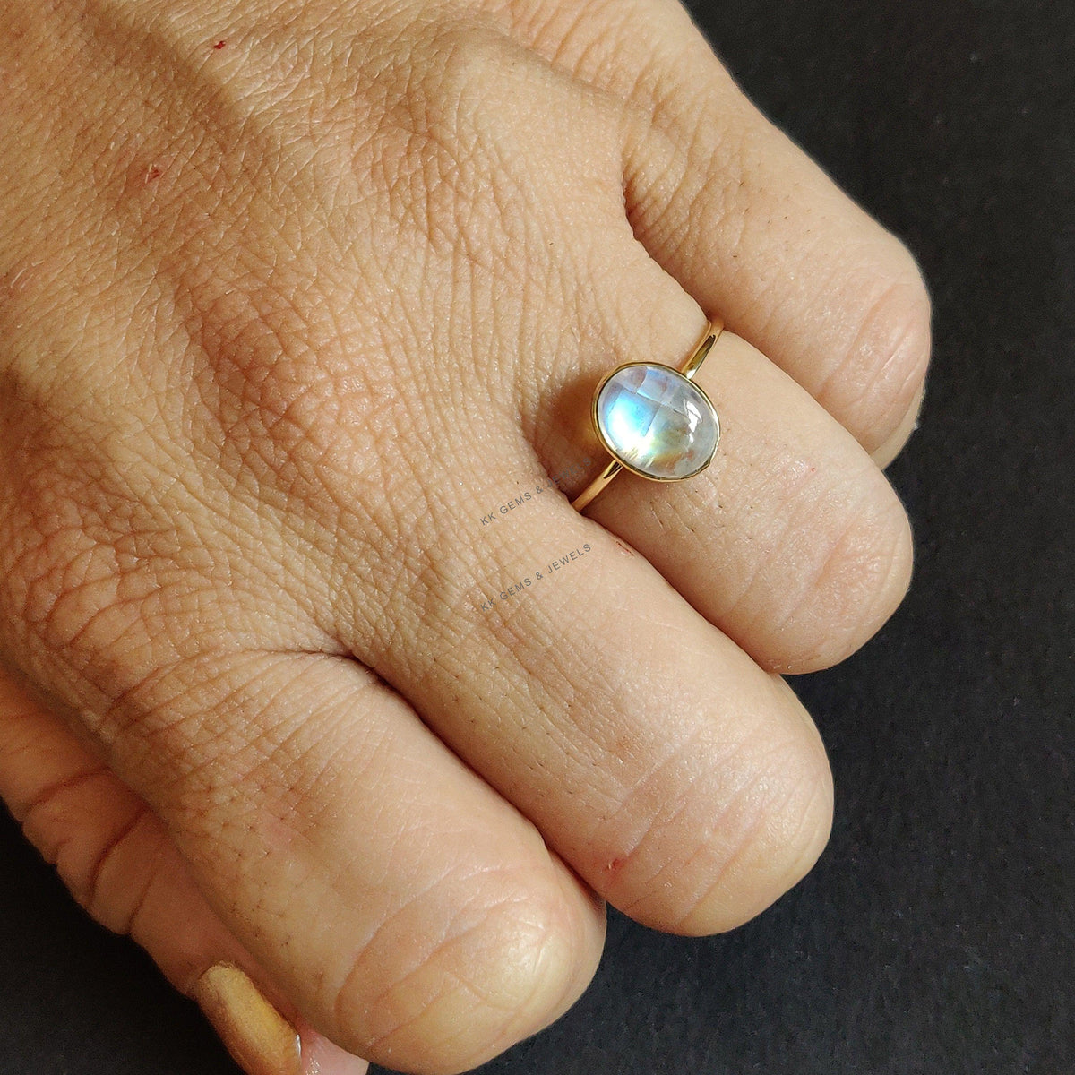Natural Rainbow Moonstone Ring, 14K Solid Yellow Gold Bezel Ring, June Birthstone
