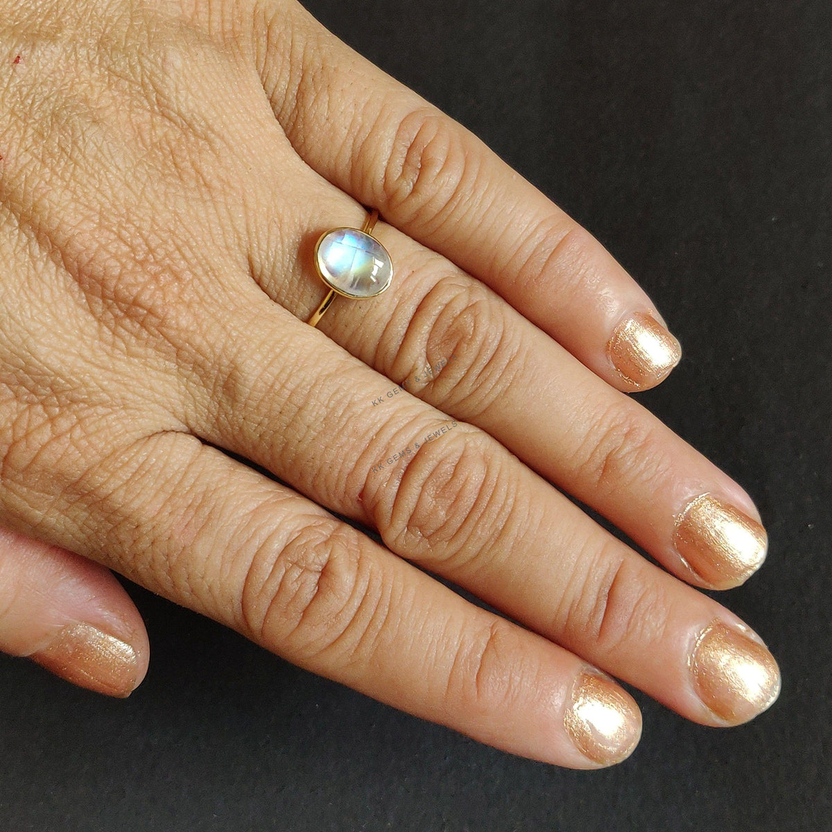 Natural Rainbow Moonstone Ring, 14K Solid Yellow Gold Bezel Ring, June Birthstone