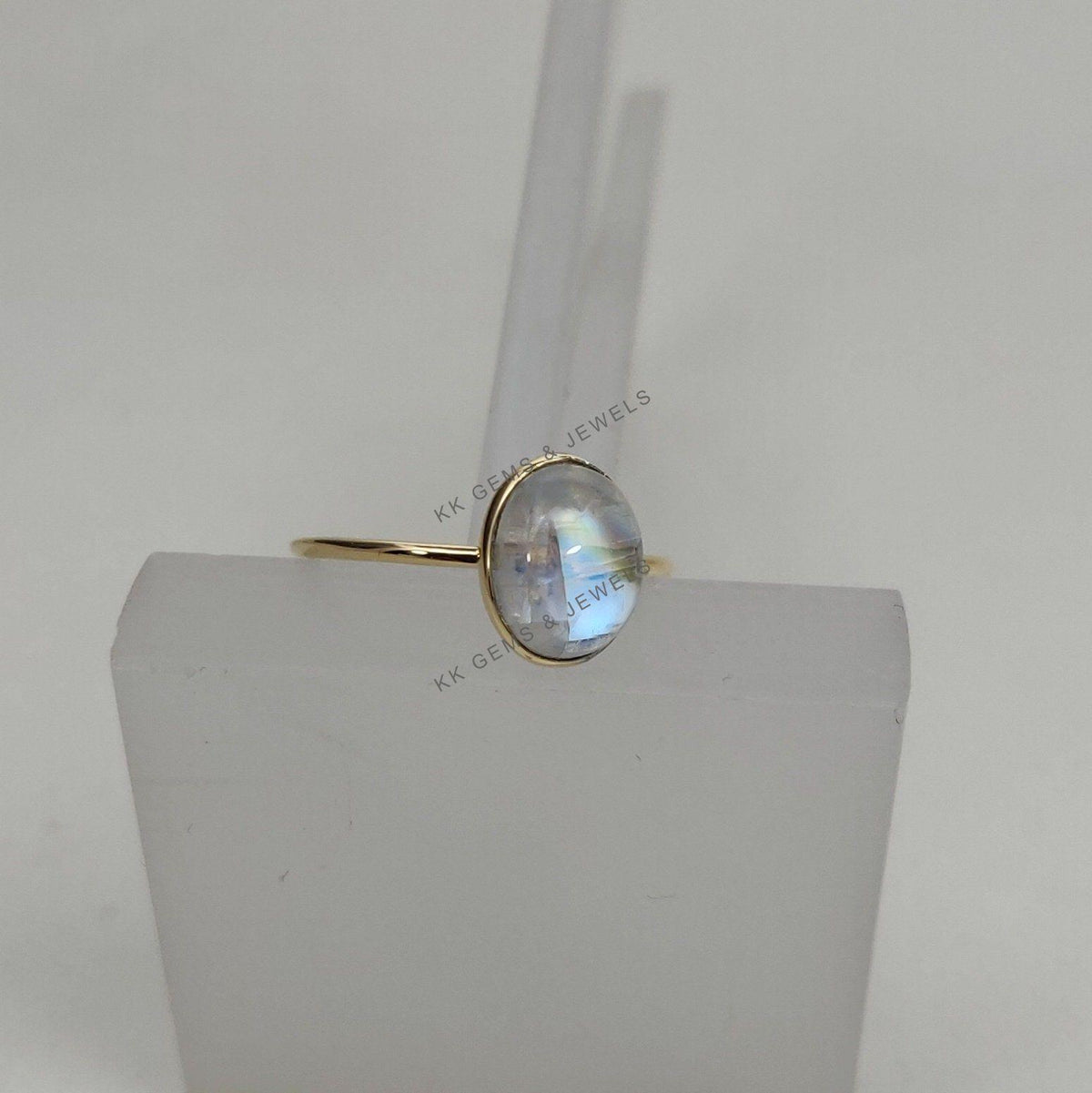 Natural Rainbow Moonstone Ring, 14K Solid Yellow Gold Bezel Ring, June Birthstone
