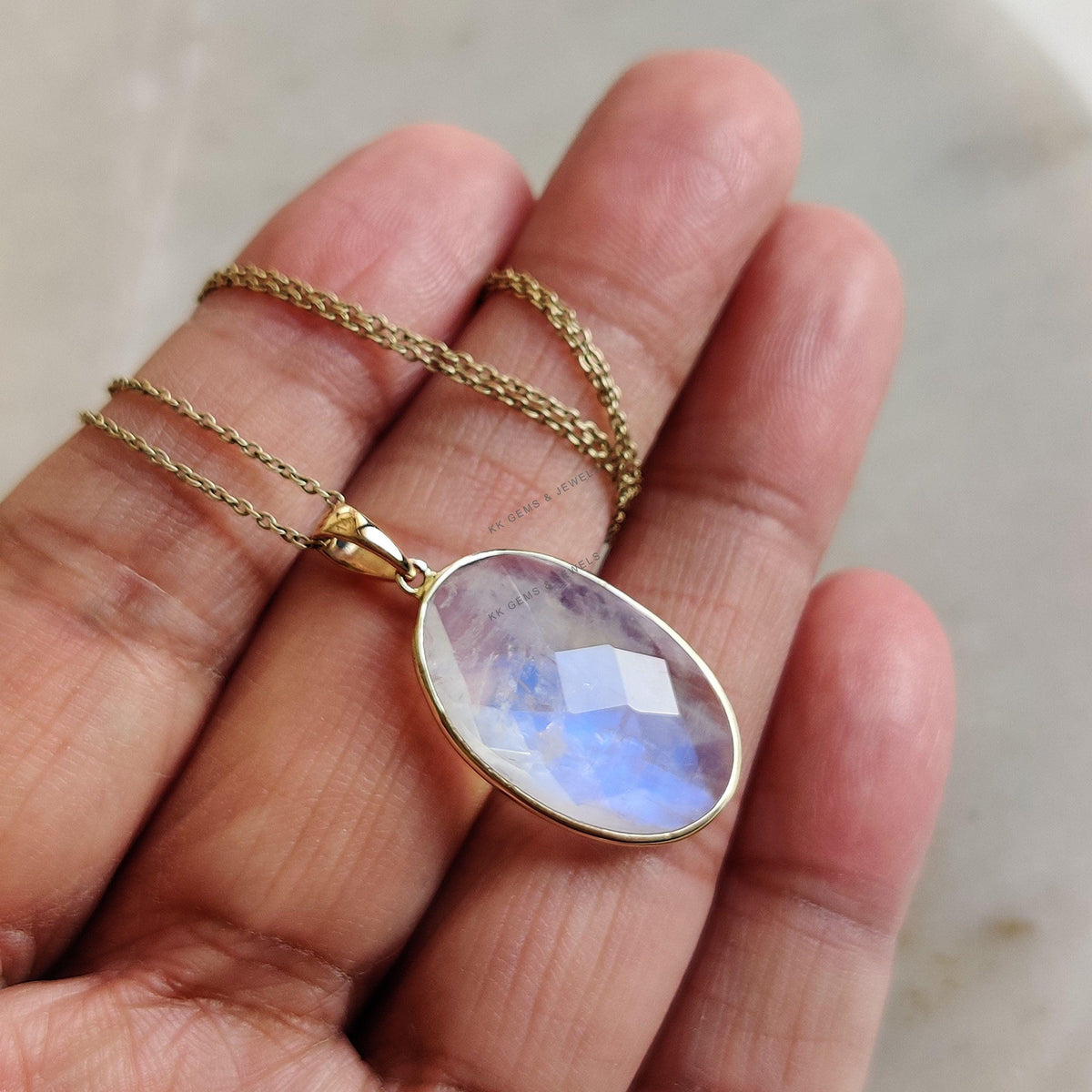 Natural Rainbow Moonstone 14K Solid Yellow Gold Bezel Pendant, June Birthstone Jewelry
