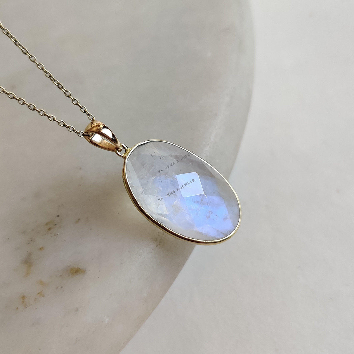 Natural Rainbow Moonstone 14K Solid Yellow Gold Bezel Pendant, June Birthstone Jewelry