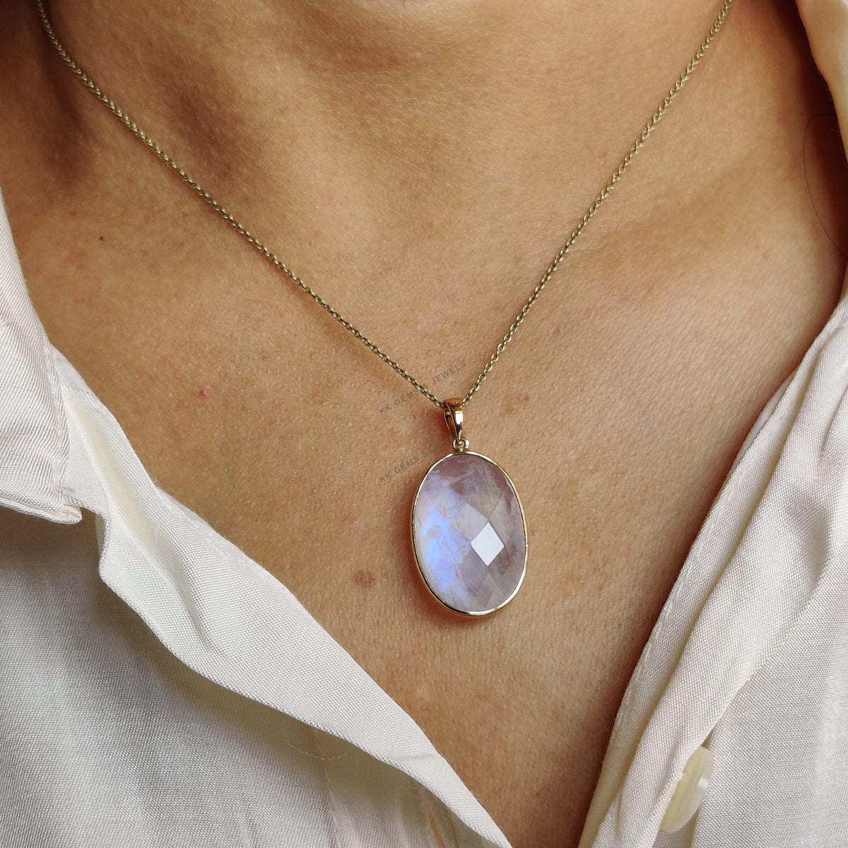 Natural Rainbow Moonstone 14K Solid Yellow Gold Bezel Pendant, June Birthstone Jewelry