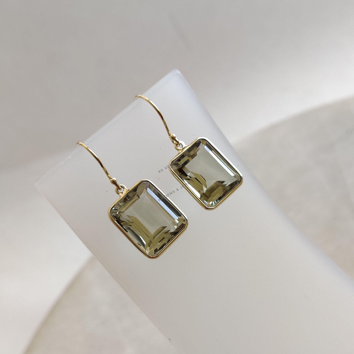 Natural Green Amethyst Octagon Earrings, 14K Solid Yellow Gold Bezel, February Birthstone