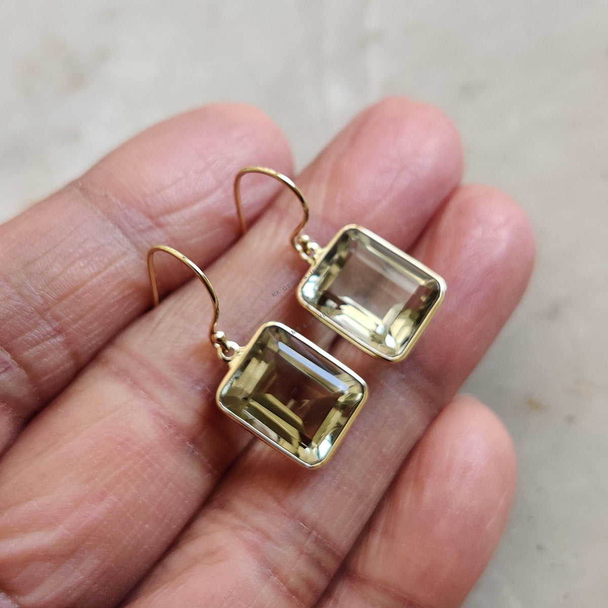 Natural Green Amethyst Octagon Earrings, 14K Solid Yellow Gold Bezel, February Birthstone