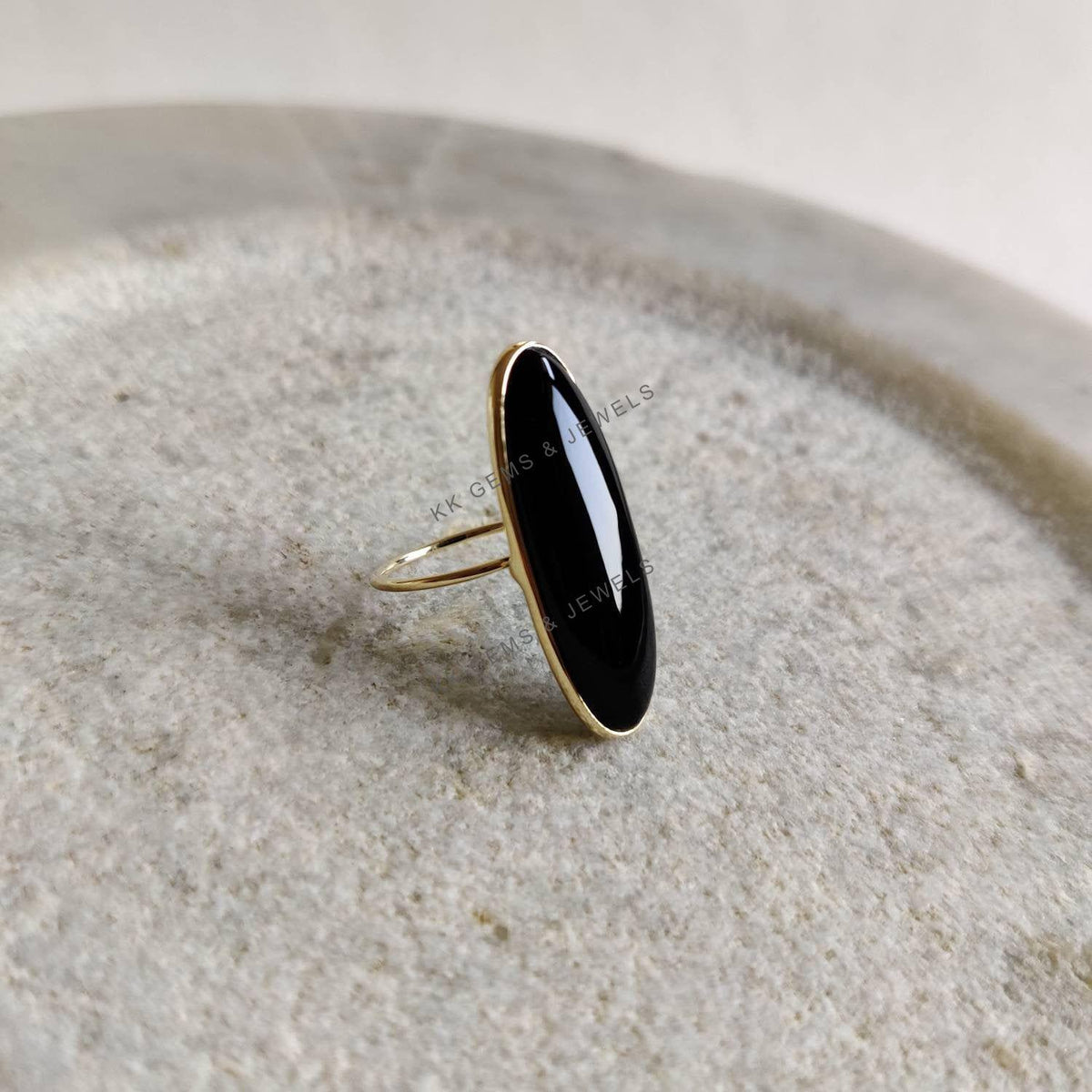 14k Solid Gold Natural Black Onyx Ring, Oblong Bezel Statement Jewelry