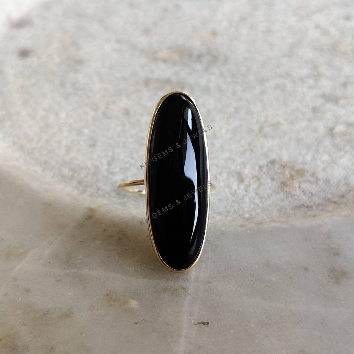 14k Solid Gold Natural Black Onyx Ring, Oblong Bezel Statement Jewelry