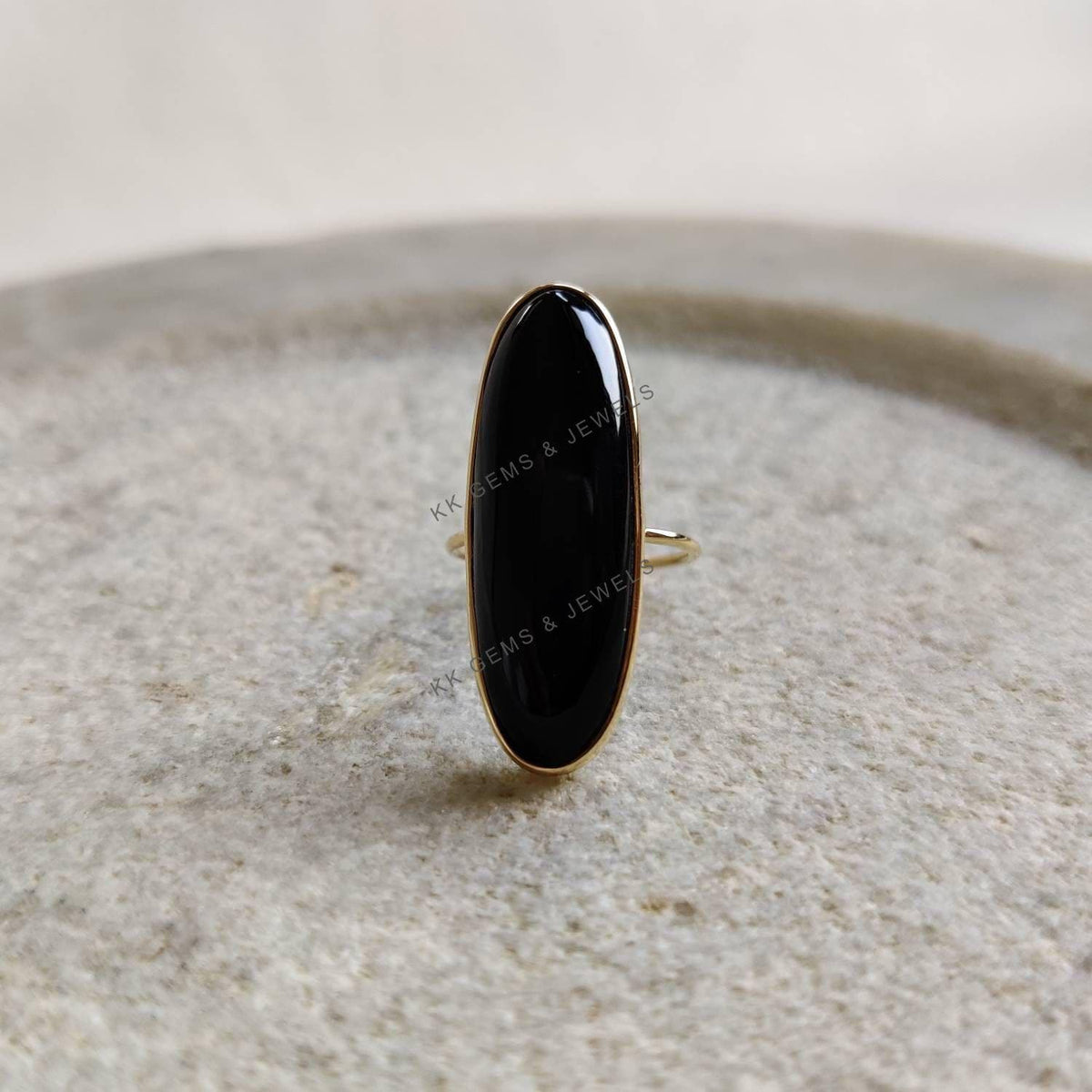 14k Solid Gold Natural Black Onyx Ring, Oblong Bezel Statement Jewelry