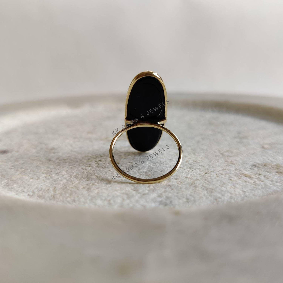 14k Solid Gold Natural Black Onyx Ring, Oblong Bezel Statement Jewelry
