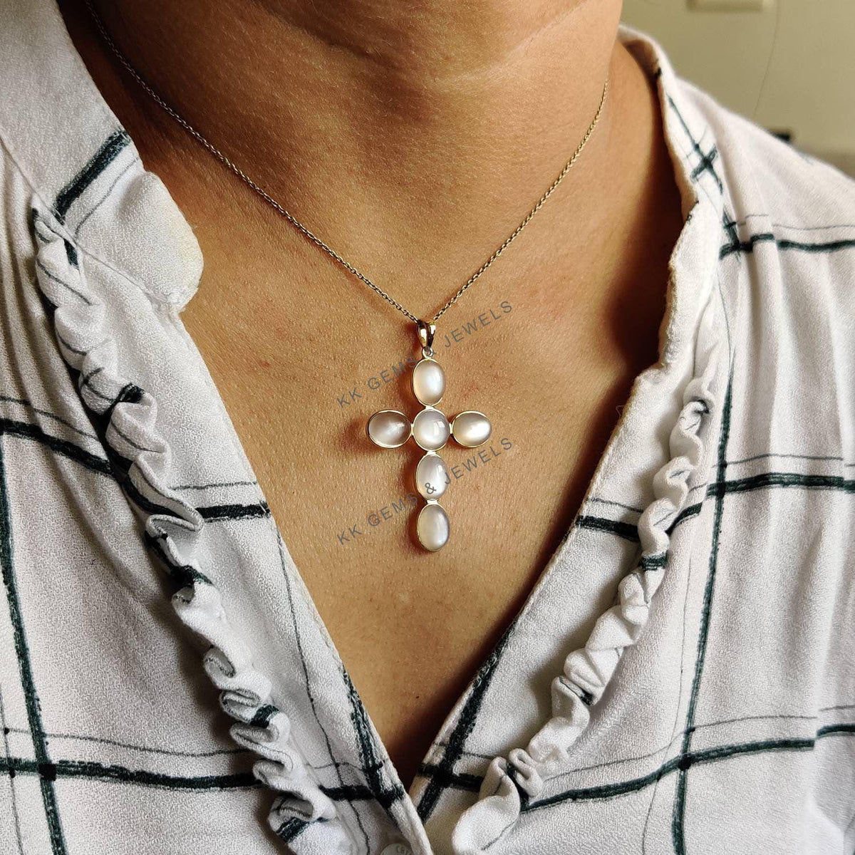 14K Solid Yellow Gold Natural White Moonstone Cross Pendant, June Birthstone