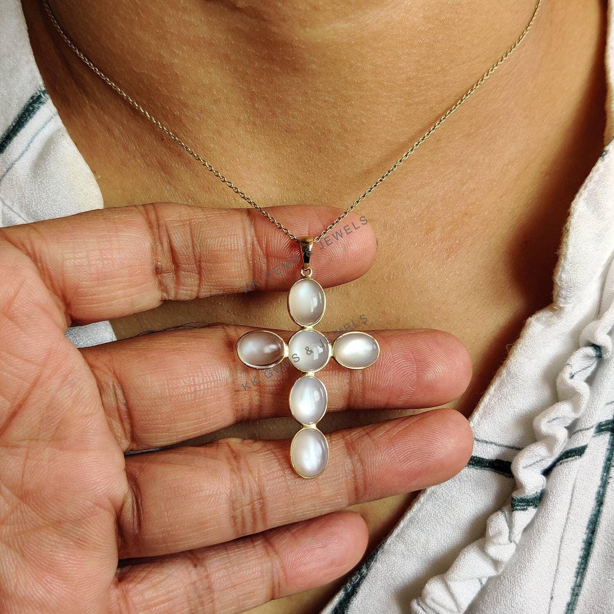 14K Solid Yellow Gold Natural White Moonstone Cross Pendant, June Birthstone