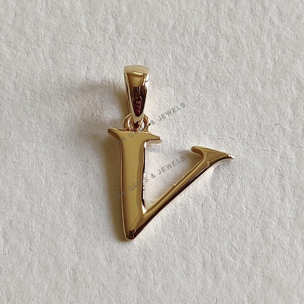 14K Solid Yellow Gold Initial V Pendant, Alphabet Letter Charm