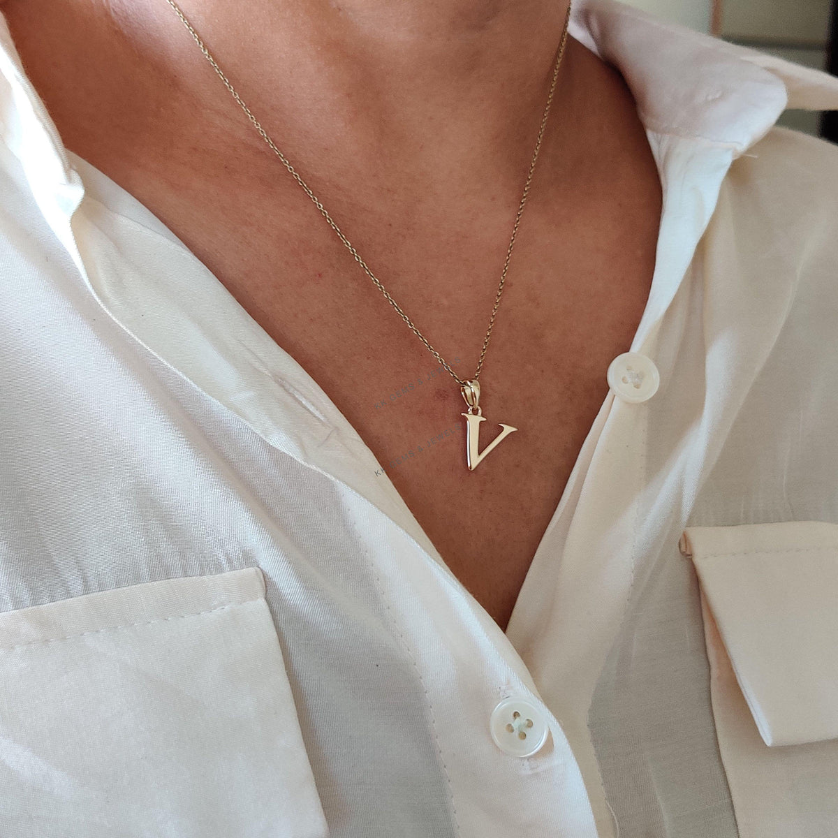 14K Solid Yellow Gold Initial V Pendant, Alphabet Letter Charm