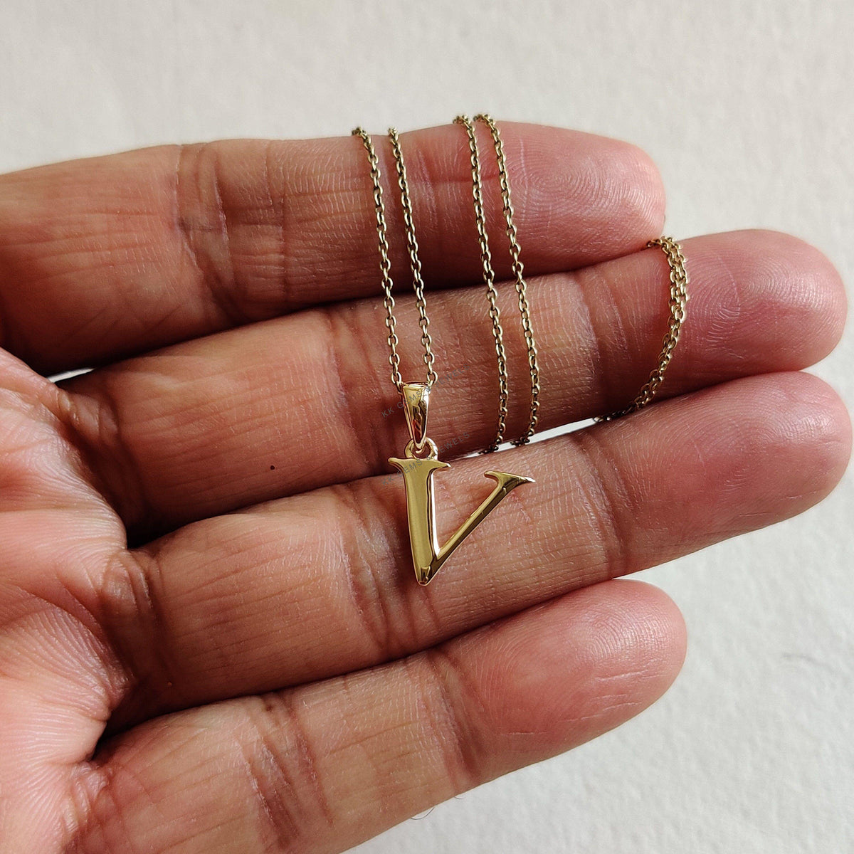 14K Solid Yellow Gold Initial V Pendant, Alphabet Letter Charm